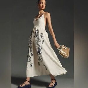 FARM Rio for Anthropologie White Dress with navy Floral Design